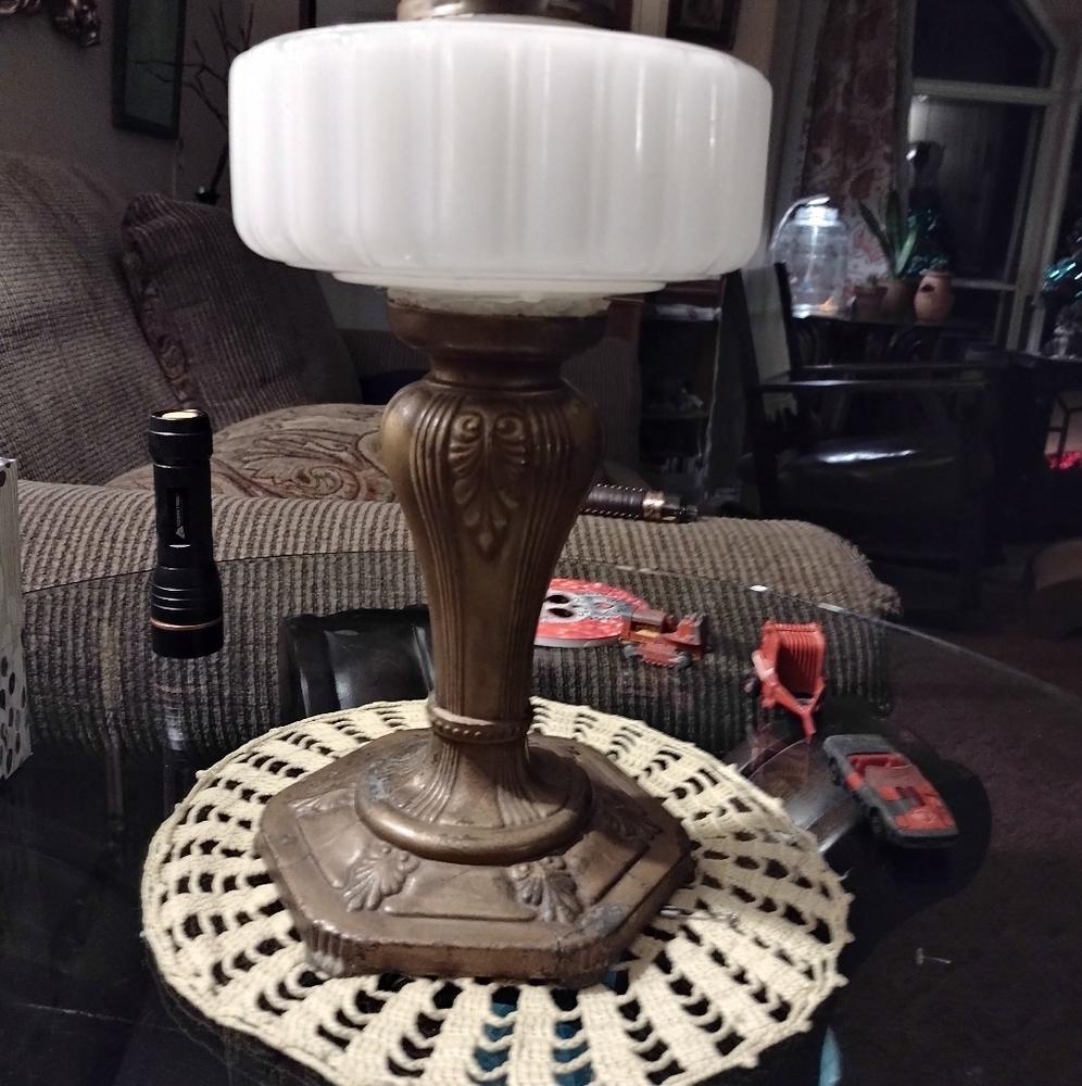 Antique milk glass oil lamp